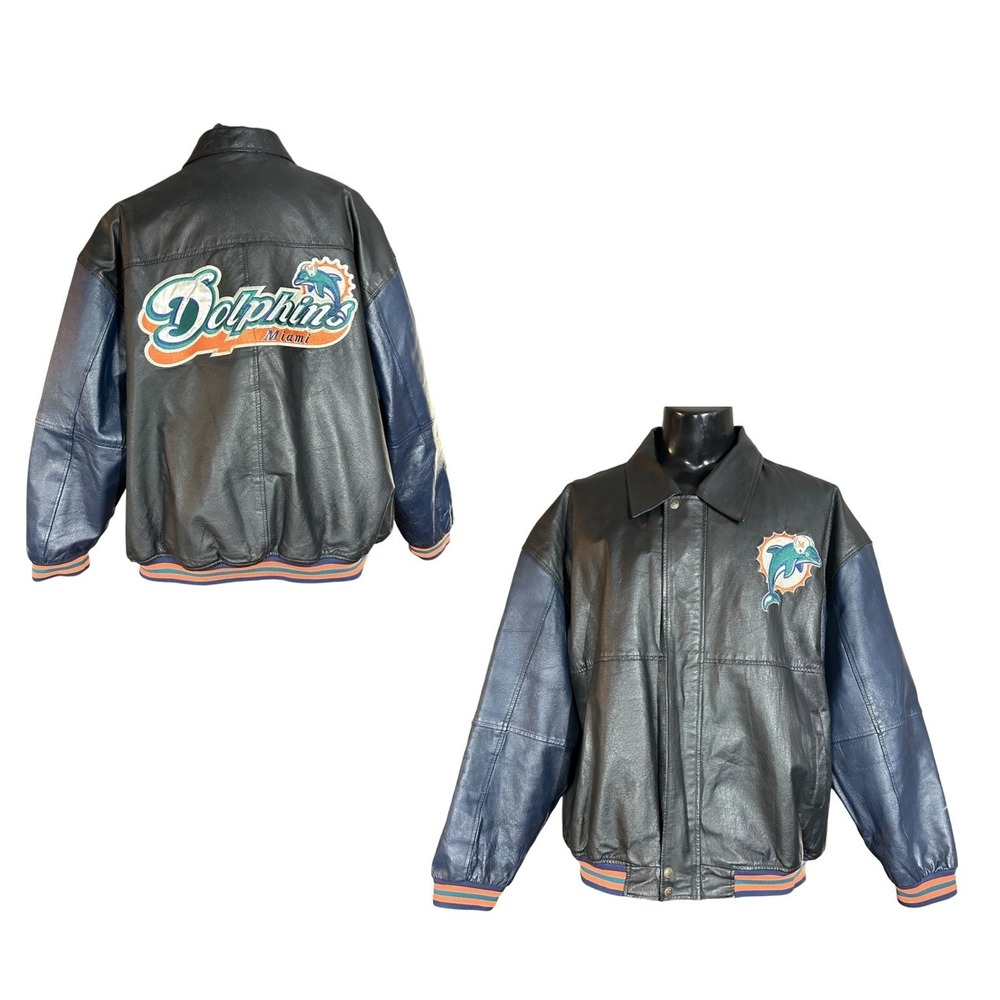 Vtg 90s NFL Game Day Miami Dolphins Football Leather Bomber Jacket Coat Mens XL